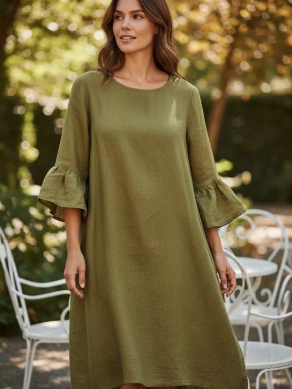 Bryn Walker Linen Shift Dress Olive Green Women's Small Bell Sleeve Made USA